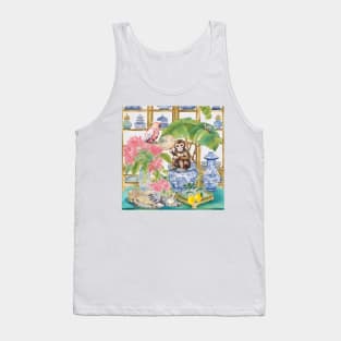 Monkey, pink cockatoo parrot and tabby cat in chinoiserie interior Tank Top